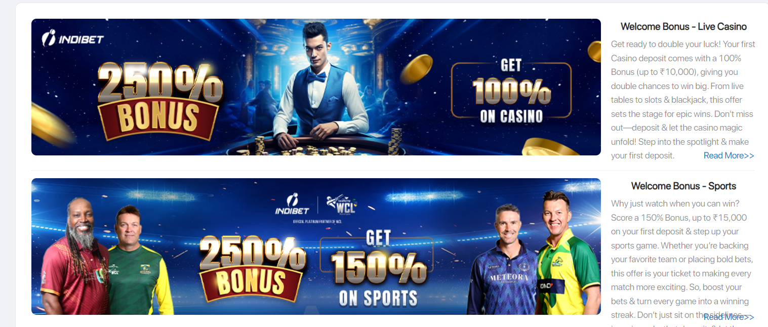 Bonuses and promos of Indibet website.