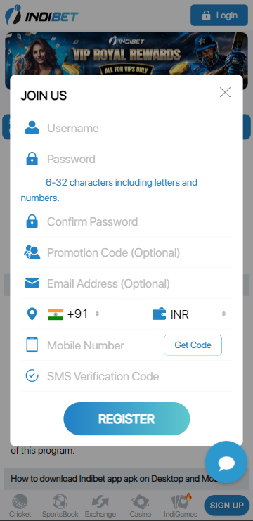 Registration in Indibet app.